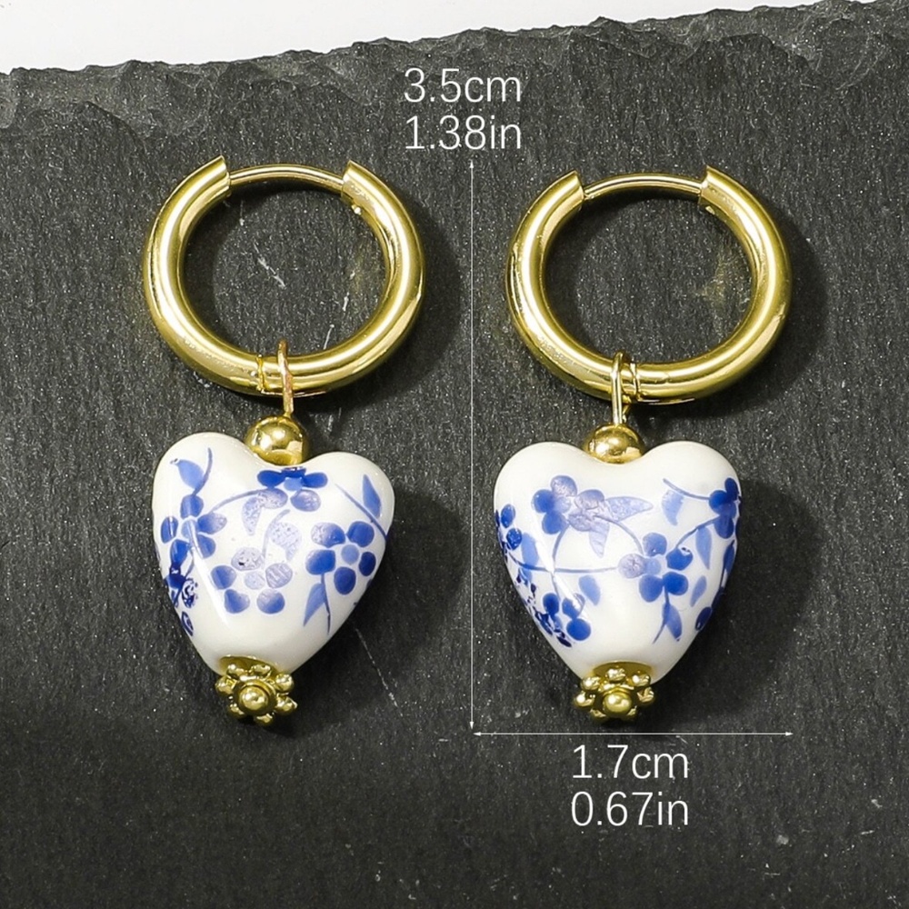 Stainless Steel Floral Ceramic Heart Drop Earrings - Picture 3 of 4